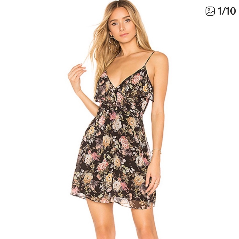 Bailey 44 Object of desire Black Pink Floral faux wrap Ruffle Mini Dress